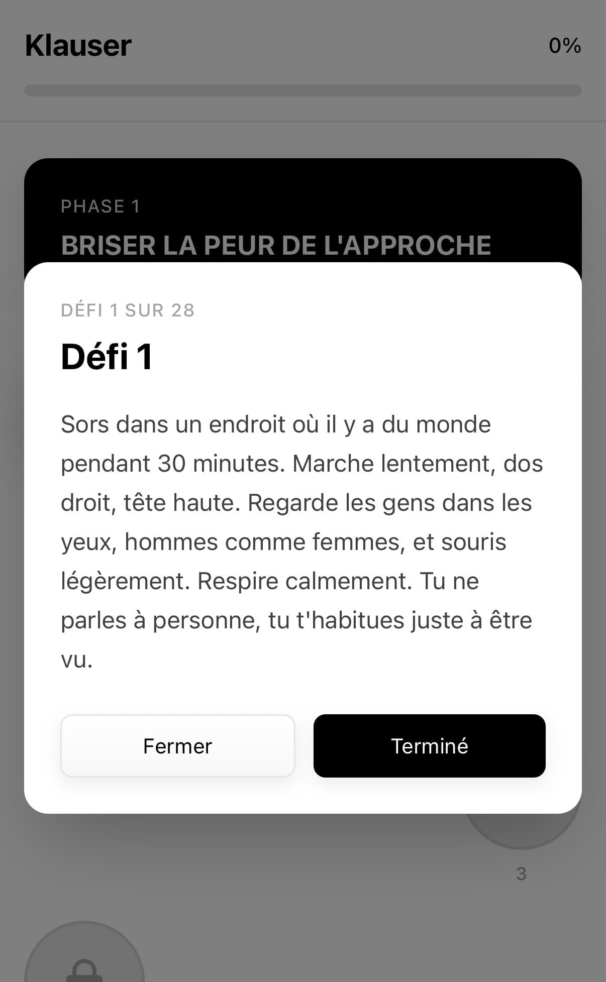Écran du défi dans l'app Klauser